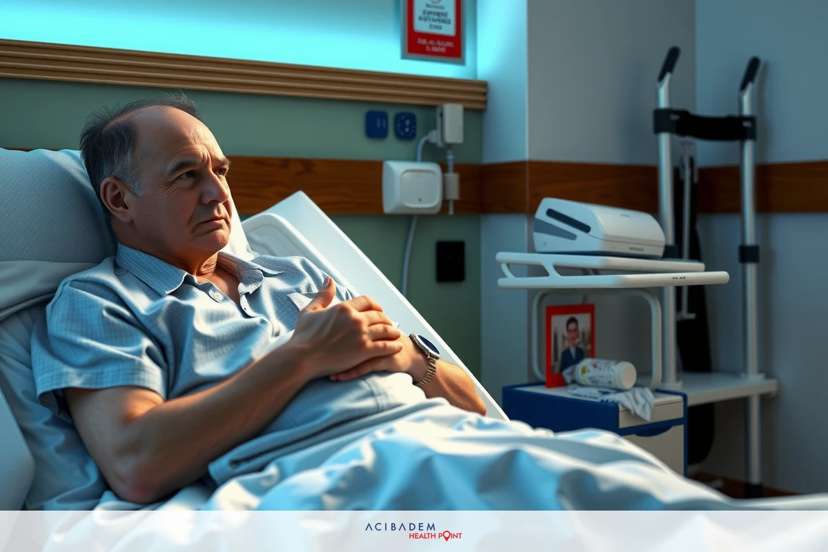 An older man is lying in a hospital bed, wearing an open-back gown and appears to be waiting or perhaps concerned about his health.