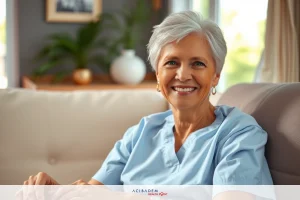 Elderly woman, possibly a healthcare worker, smiling at the camera from a living room setting, wearing light blue scrubs.