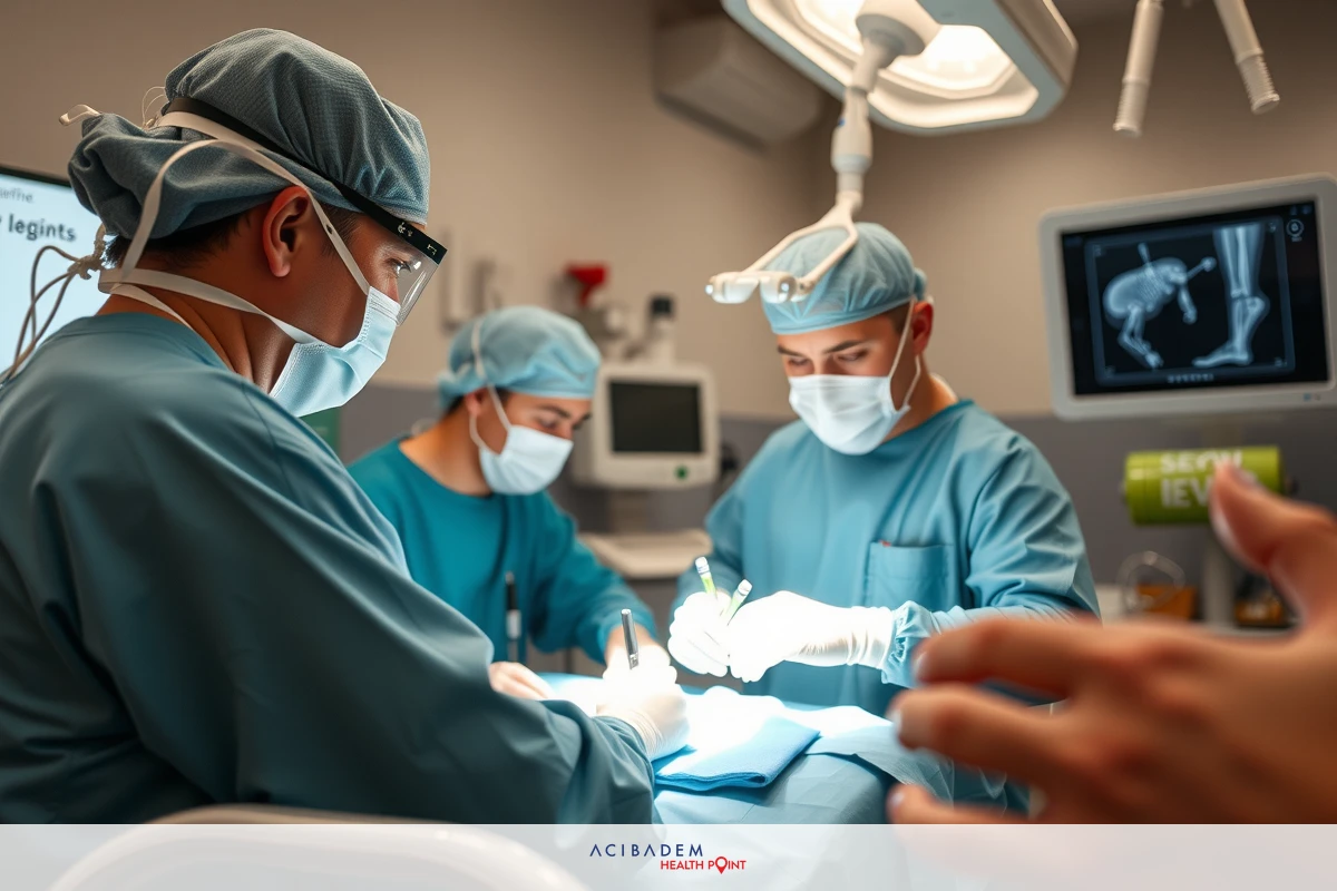The image depicts a surgical scene with three surgeons in full medical attire, performing an operation together. They are wearing gowns and face masks, indicating sterile conditions.