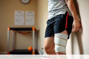 A male athlete in a sports gear, leaning against a wall with a rehab brace on his left knee and leg.
