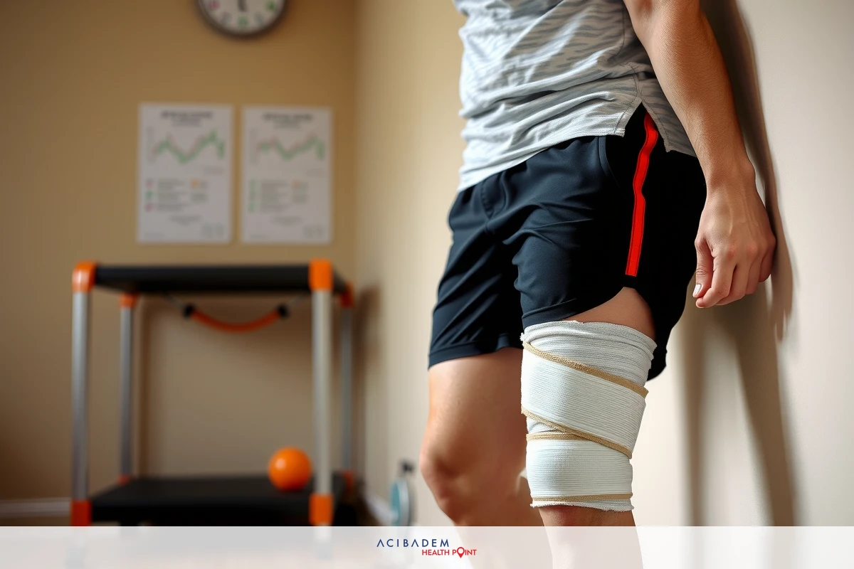 A male athlete in a sports gear, leaning against a wall with a rehab brace on his left knee and leg.