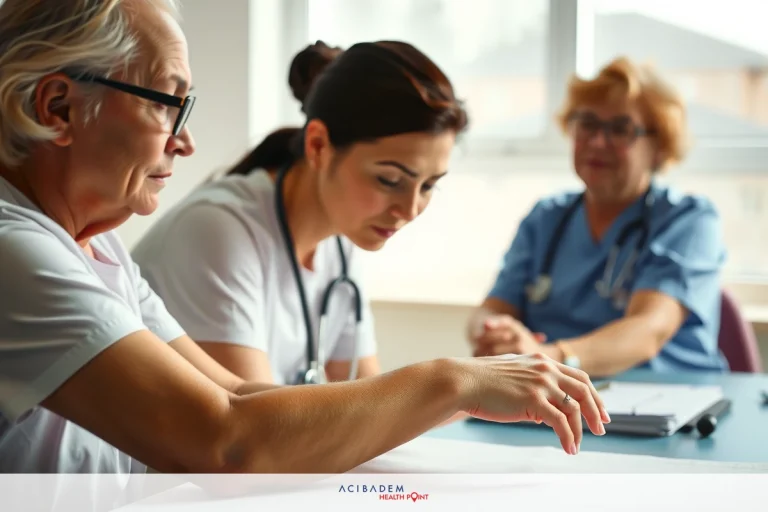 Three individuals, two nurses and one patient, in a medical setting. The focus is on the interaction between them with papers being reviewed.