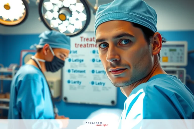 Knee Replacement Infection Treatment Medical scene featuring a man in scrubs looking to the side. The environment suggests an operating room or a similar medical setting with medical equipment visible.
