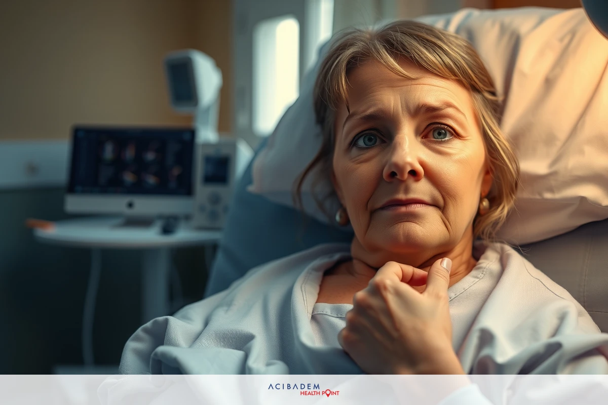 A woman in a hospital bed, dressed in medical attire. She has a serious expression on her face and is holding her chest with hand.