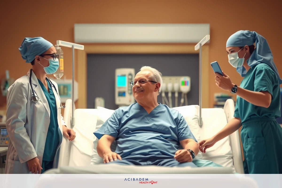 Hospital setting with medical professionals wearing protective gear. Patient lying on hospital bed, being attended to by one nurse and one doctor.