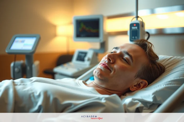 A male patient lying in a hospital bed with medical equipment, possibly receiving treatment. He is smiling and appears to be at ease.
