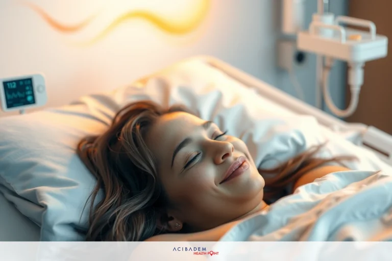 A young woman is lying in a hospital bed. She has her eyes closed and appears to be smiling as if she's experiencing joy or relief.