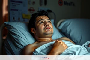 A young man lies shirtless in a hospital bed with tubes and medical equipment visible, suggesting he may be in the intensive care unit. His facial expression conveys concern or worry.