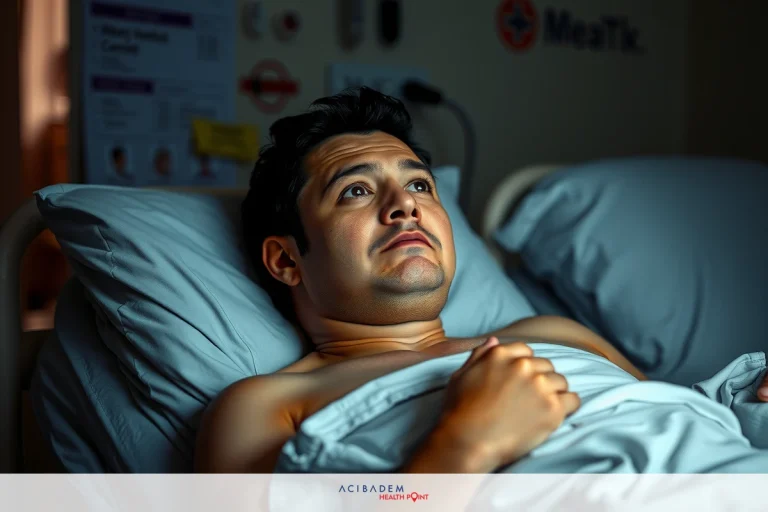 A young man lies shirtless in a hospital bed with tubes and medical equipment visible, suggesting he may be in the intensive care unit. His facial expression conveys concern or worry.