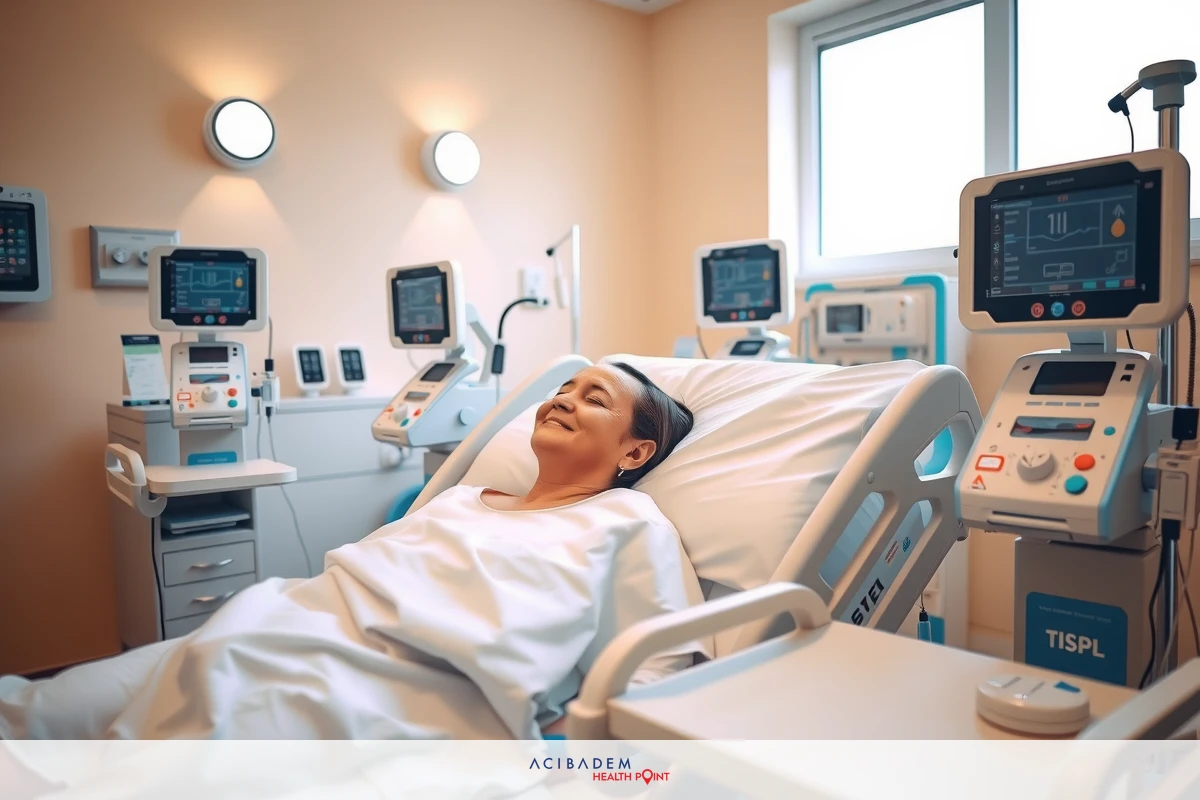 In the image, we see an individual lying on a hospital bed. There are multiple medical devices and screens surrounding them, indicating that this is likely a medical facility. The room has a clean, sterile appearance with white walls and medical equipment in shades of gray and white.