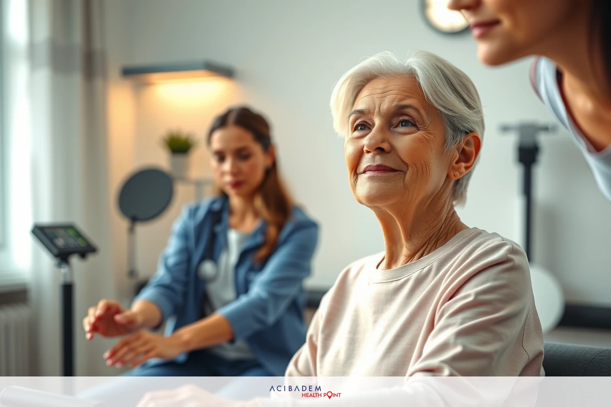 This is a photograph showing three individuals in what appears to be a modern, well-lit healthcare facility. The older woman in the foreground is seated and smiling at someone off-camera.