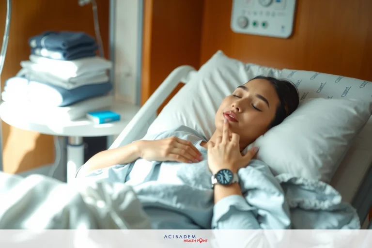 The image shows a person lying in a hospital bed. The individual appears to be wearing a medical gown and is partially covered with blankets, indicating a treatment or recovery setting.