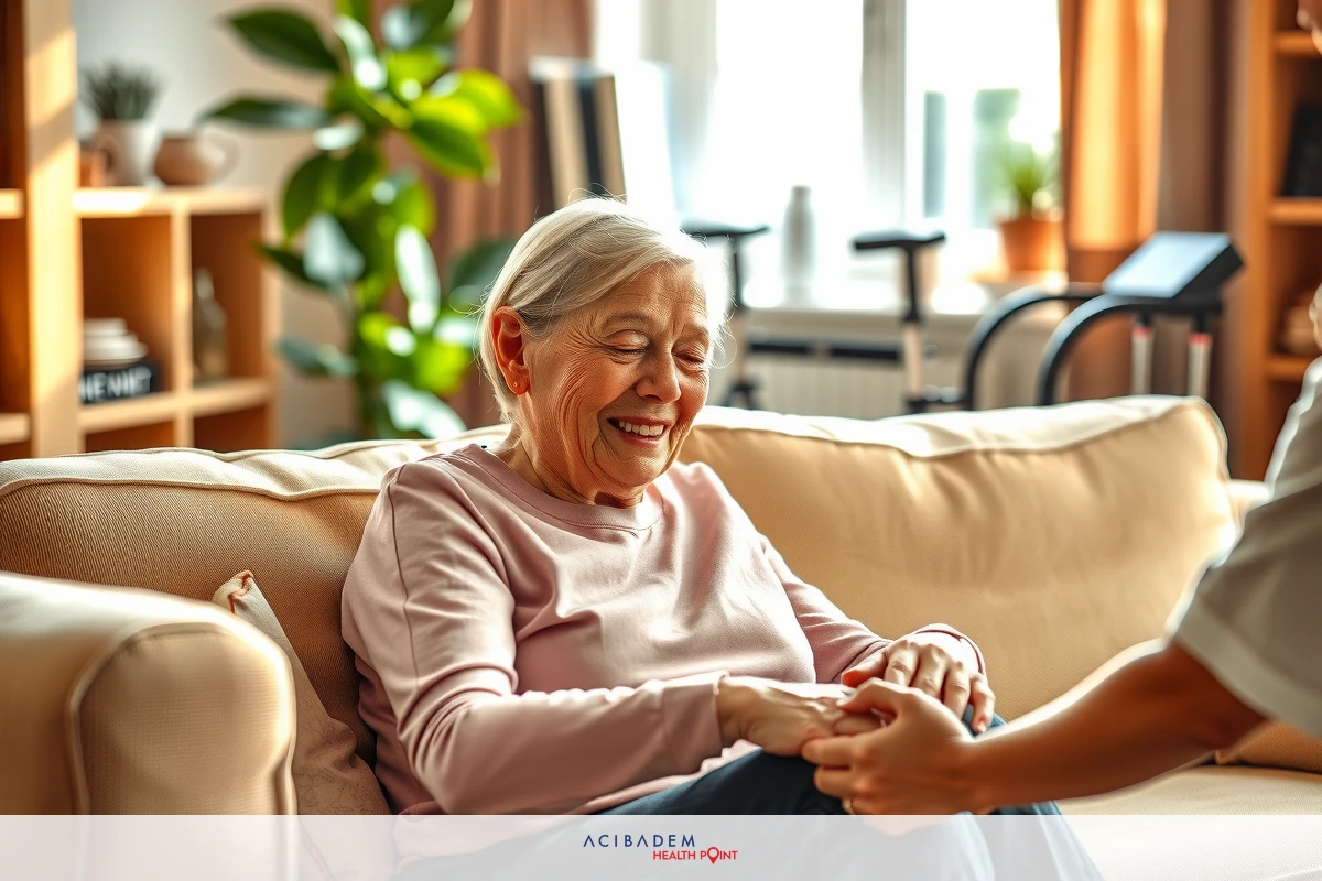 A smiling older woman being assisted by a caregiver in a modern, well-lit room with comfortable seating and natural light.