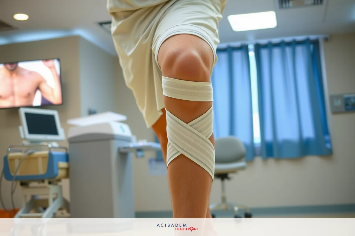 The image shows a person, seemingly a healthcare professional or patient, in a medical setting. They are wearing light-colored clothing and have an injured leg with bandages wrapped around it.