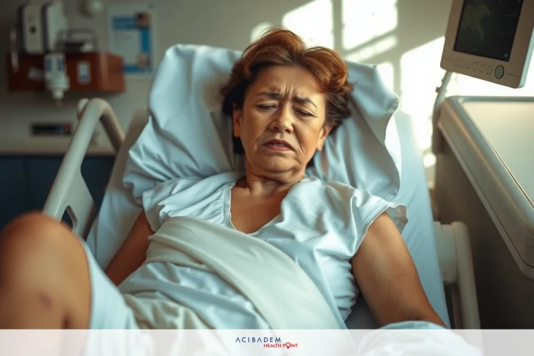 The image shows a hospitalized woman lying in bed. She's wearing a white hospital gown and there are various medical equipment items surrounding her bed indicating that she might be in a critical care unit.