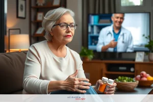 A woman in glasses is seated on a sofa, holding medication. She appears to be engaged with a doctor displayed on a television screen.
