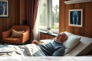 A man in a hospital bed, smiling and relaxed. He is wearing a casual sweater and appears to be at ease.
