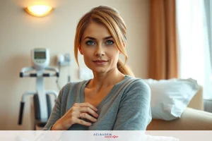 This is a photo of a woman sitting in an indoor setting that appears to be a hospital room. The woman, who is the central figure in the image, looks thoughtful or possibly concerned about something off-camera. She has blonde hair and wears a gray long-sleeve top.