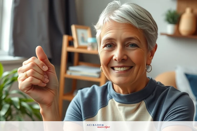 The image features a smiling, older woman with short, silver hair. She is wearing a casual blue and white top.