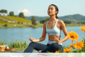 A woman in a blue sports bra and black leggings is seated on the grass near flowers, practicing yoga. She's looking upwards with a relaxed expression.