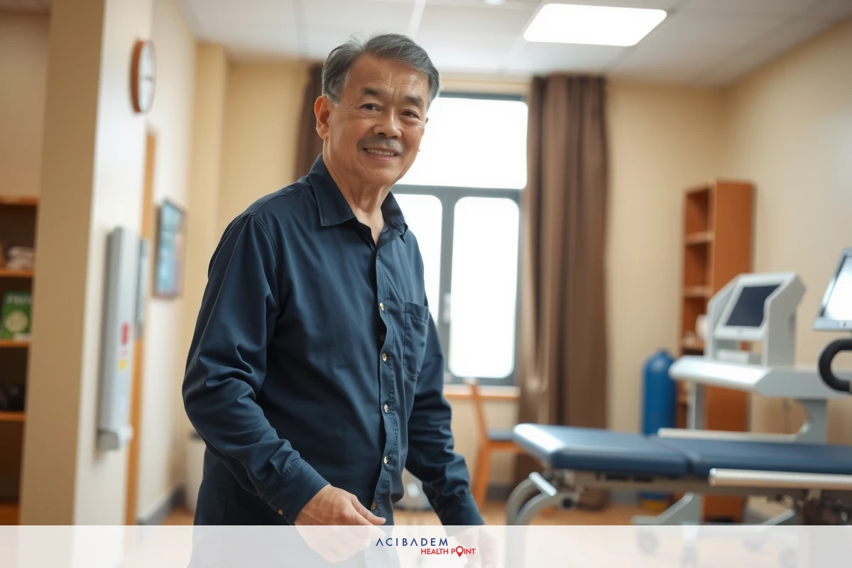 A man standing in a well-equipped medical room with an examination table, medical posters, and shelves containing various medical supplies. The setting appears to be that of a clinical or healthcare facility.