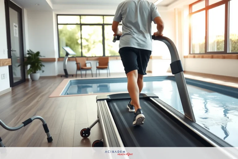 How to Get in Bathtub After Knee Replacement A person running on a treadmill indoors. The treadmill is positioned next to a pool with sunlight coming through the windows.