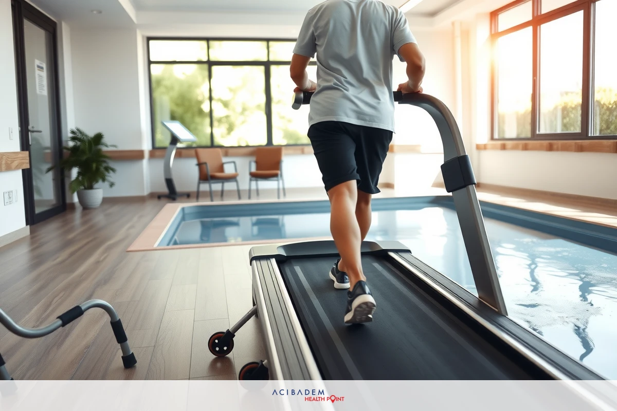 A person running on a treadmill indoors. The treadmill is positioned next to a pool with sunlight coming through the windows.