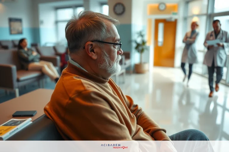 The image shows a man sitting on the left side of a waiting room. He is wearing a dark coat, glasses, and appears to be looking down or away from the camera.