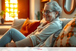 The image features an older woman sitting comfortably on a couch. She appears to be in a relaxed state, possibly smiling or reminiscing.
