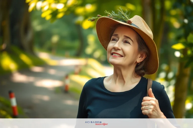 The image shows a smiling woman walking on a path in what appears to be a forest or park. She is wearing a hat and carrying a handbag, suggesting that she may be out for leisure or exercise.