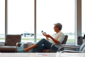 The image shows a woman sitting in an airport lounge. She is wearing glasses, has gray hair, and is dressed in casual attire. The environment suggests a modern, comfortable space designed for travelers to relax before their flights.