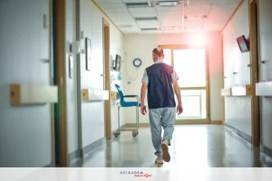The image features a hospital corridor with patient walking through. The environment includes medical equipment such as monitors, indicative of a healthcare setting. The color palette is dominated by blues and whites, typical for clean, sterile environments.