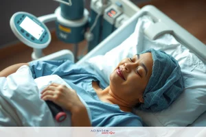 The image depicts a hospital setting with an adult female lying in a hospital bed. She is wearing scrubs and has medical equipment monitoring her health. Her posture suggests she is resting, and the overall tone of the image conveys professionalism and care.