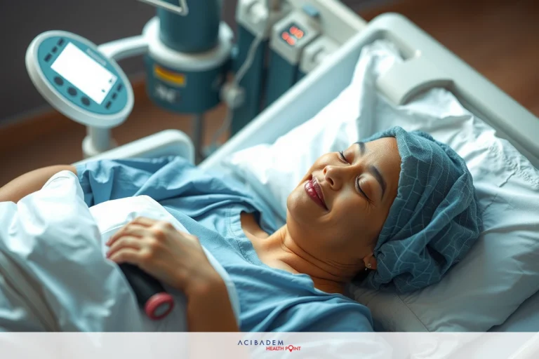 How Much is a Hip Arthroscopy? The image depicts a hospital setting with an adult female lying in a hospital bed. She is wearing scrubs and has medical equipment monitoring her health. Her posture suggests she is resting, and the overall tone of the image conveys professionalism and care.