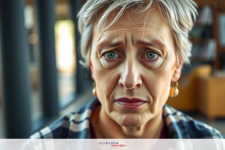 The image is a close-up portrait of an older woman with blonde hair, looking directly at the camera. Her facial expression suggests concern or worry.