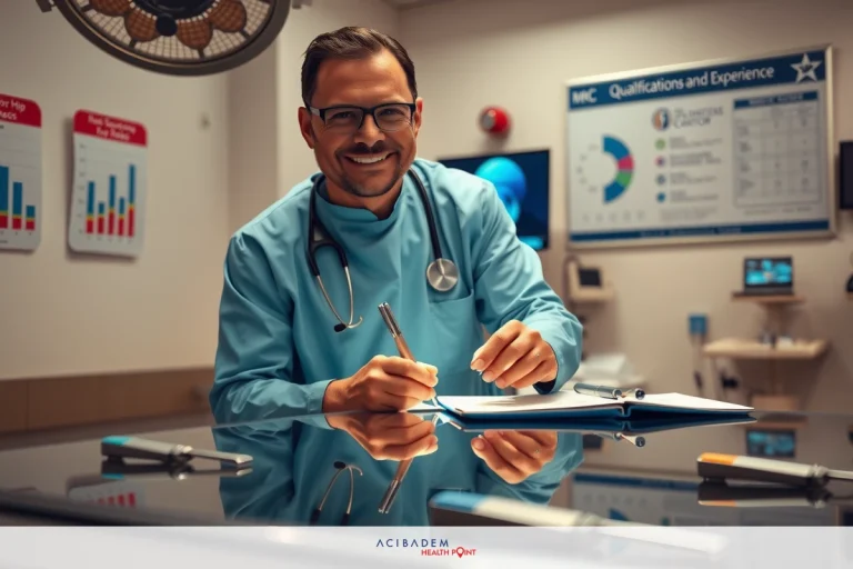 How to Choose Hip Arthroscopy Surgeon The image shows a man in a white lab coat, presumably a doctor or healthcare professional. He is seated at a desk with various medical equipment and papers on it.