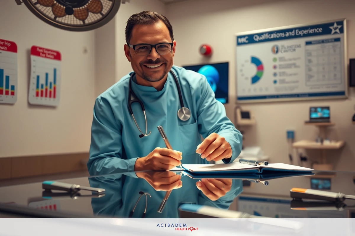 The image shows a man in a white lab coat, presumably a doctor or healthcare professional. He is seated at a desk with various medical equipment and papers on it.