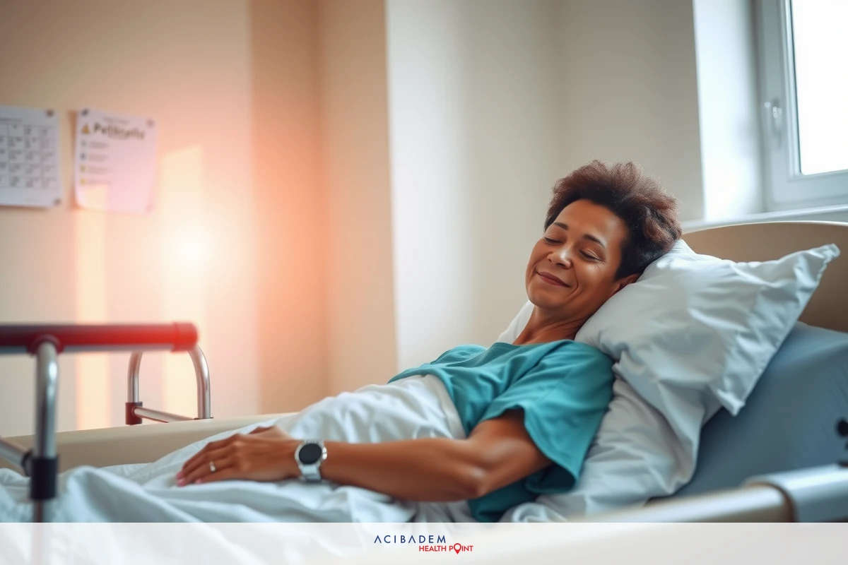 The image shows a woman lying in a hospital bed. She appears to be smiling or laughing, indicating a positive mood despite being in the hospital setting.