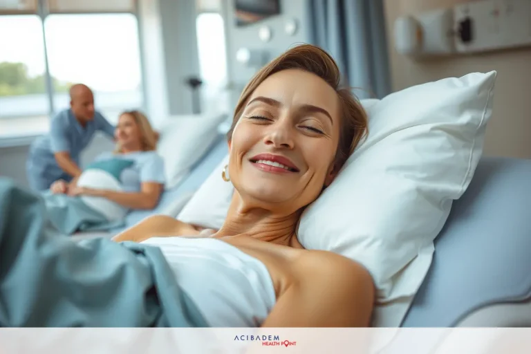 The image depicts a cheerful scene in a hospital room. There are two women sharing the joy of an event, possibly the birth of a newborn, as suggested by the presence of a baby bundled up in blankets.