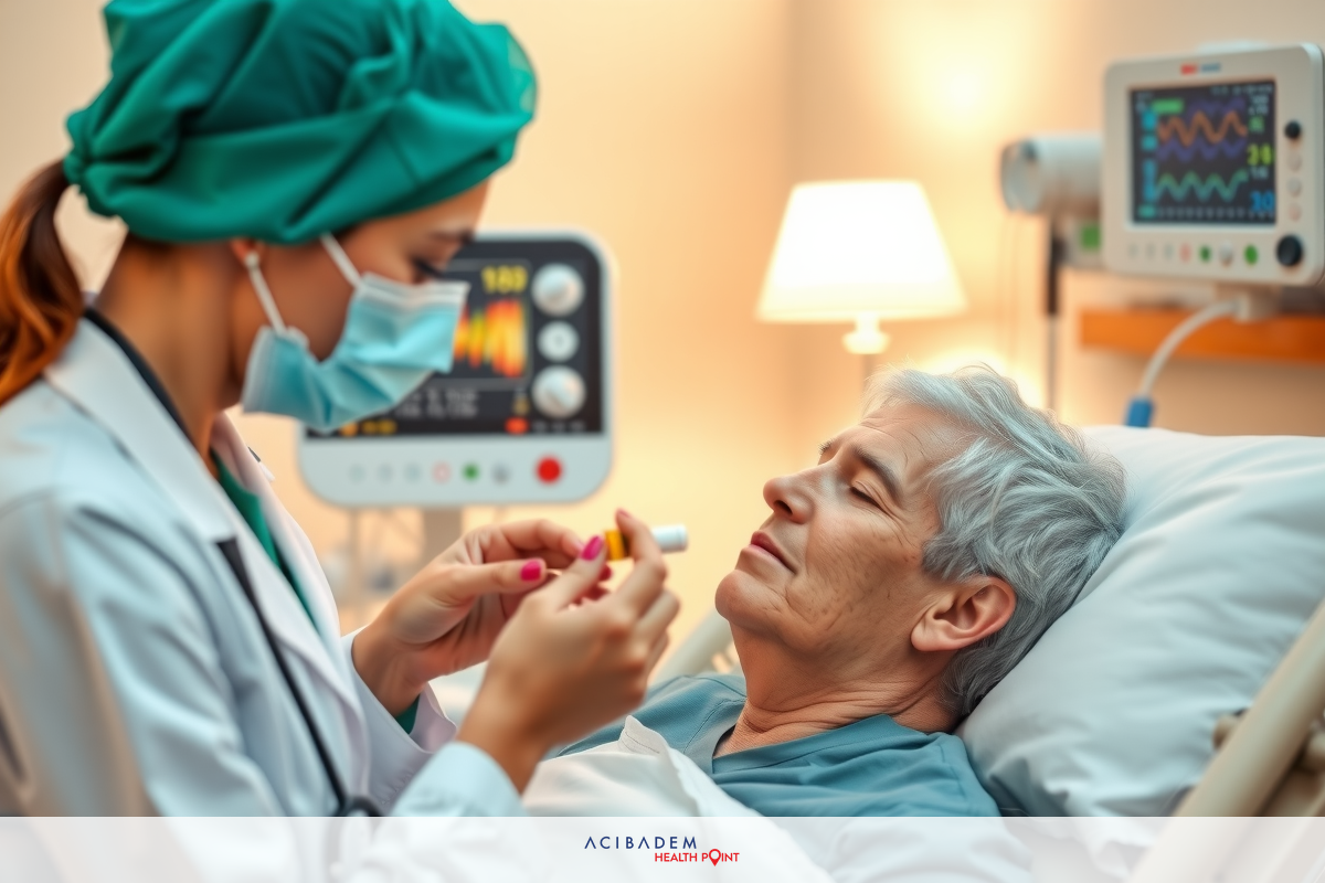 Medical professional in green gown attending to elderly patient. Patient on hospital bed with monitors and medical equipment. Environment is clean and well-lit, focusing on healthcare interaction.