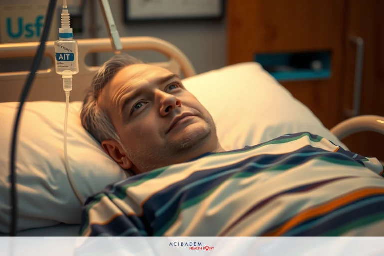 This image shows a middle-aged man lying in a hospital bed. He appears to be hooked up to an IV drip, suggesting he is receiving medical treatment or recovering from an illness or procedure. The room has clinical decor with neutral tones, typical of a hospital environment.