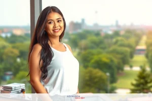 The image depicts a young woman standing with a cheerful expression. She has long hair and is wearing casual attire, including a white top. In the background, there are urban structures that suggest the location might be in a city near water, possibly during the golden hour given the warm lighting and soft shadows.