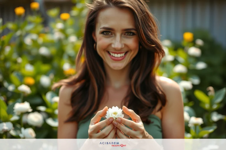 Can I Have a Baby After Bariatric Surgery? The image features a woman standing amidst a garden with blooming flowers. She is holding a small flower between her hands, looking down at it with a smile on her face. The garden has a variety of green plants and colorful flowers. The lighting suggests an outdoor setting during the daytime.