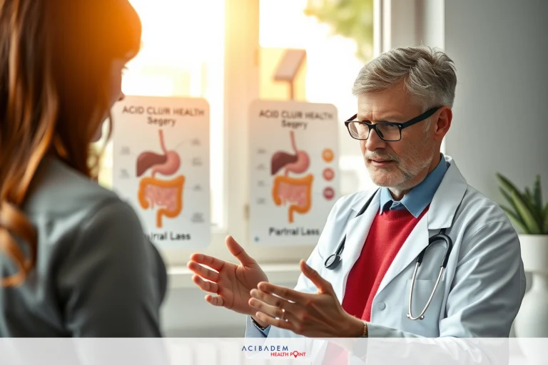 A middle-aged man wearing a white lab coat is seated behind his desk, engaging in conversation with a patient. The room has natural light coming through the window and is decorated with medical posters to inform patients about health conditions like obesity or liver disease.