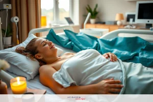 A woman lying down in a hospital bed. She appears to be overweight and is smiling. The room has medical equipment, candles, and a window that lets natural light in.