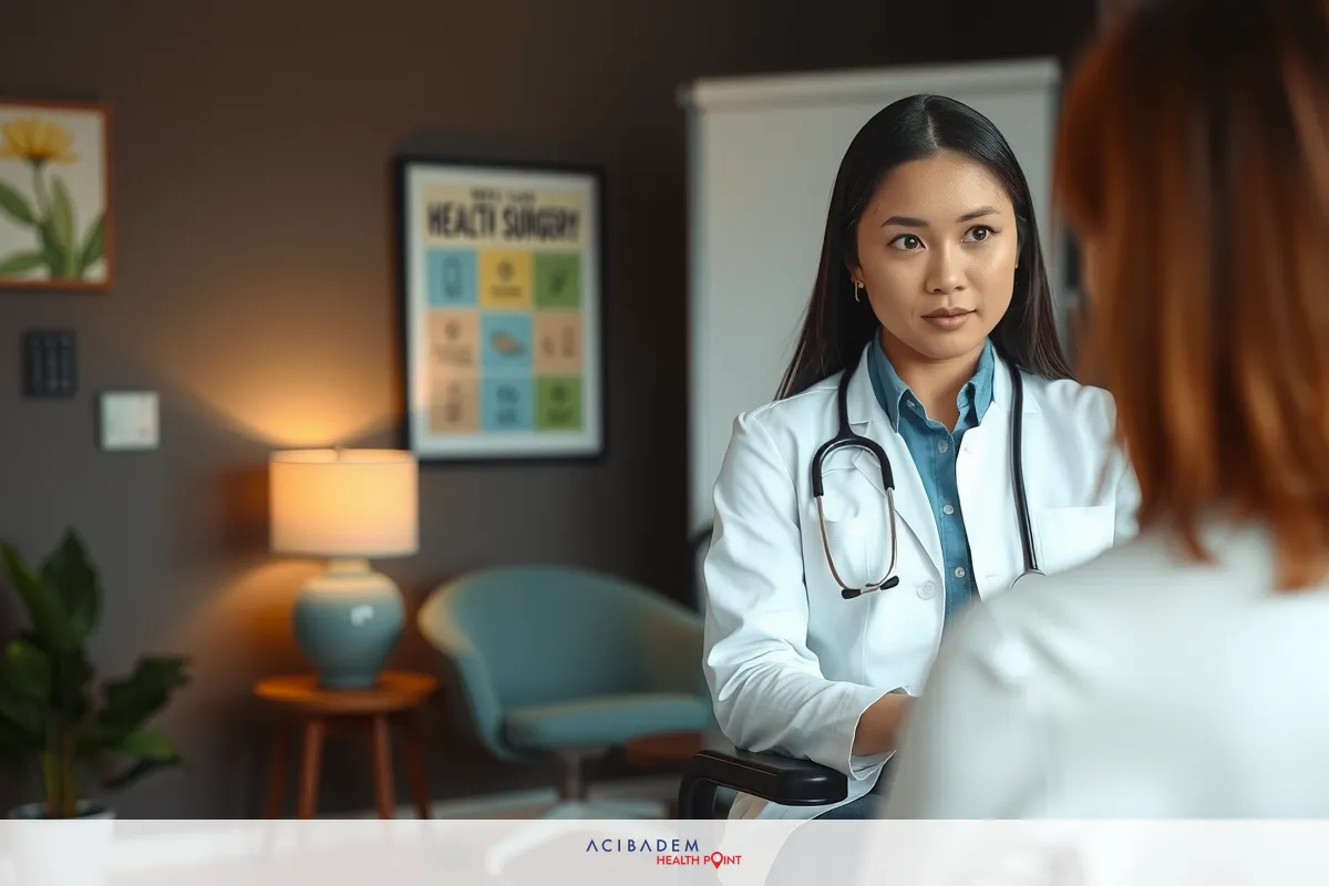A medical office environment with a doctor in a white coat examining a patient. The room has a calm ambiance, decorated with framed pictures on the wall and potted plants.