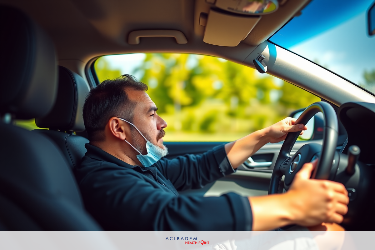 A man driving a car with both hands on the steering wheel, focused ahead. The interior is equipped with modern features and has clear visibility through the windshield.
