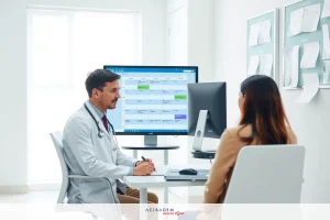 A doctor, wearing a white coat and stethoscope, is seated at a computer desk in front of a woman. The doctor appears to be giving instructions or advice. They are both focused on the digital information displayed on a large screen behind them. The office setting suggests a professional medical consultation.