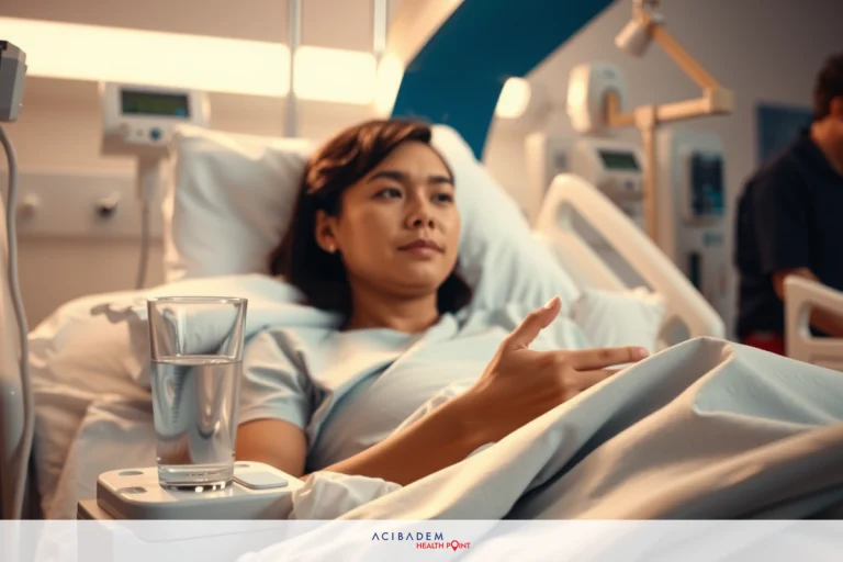 A woman lies in a hospital bed, smiling. She is surrounded by medical equipment such as monitors and IV bags. The environment suggests a clinical setting within a hospital room.