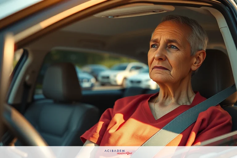 A man, possibly elderly, is sitting in the driver's seat of a car. He appears to be wearing orange or red attire and has a contemplative expression on his face. The car is equipped with safety features such as a steering wheel.